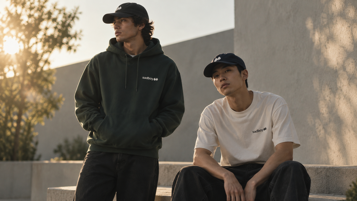 Model wearing a black Sad Boy hoodie and powder-blue Sad Boy Club cap by the coast
